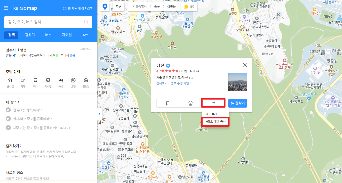 카카오맵의 특정 장소에 대해 HTML 태그 복사